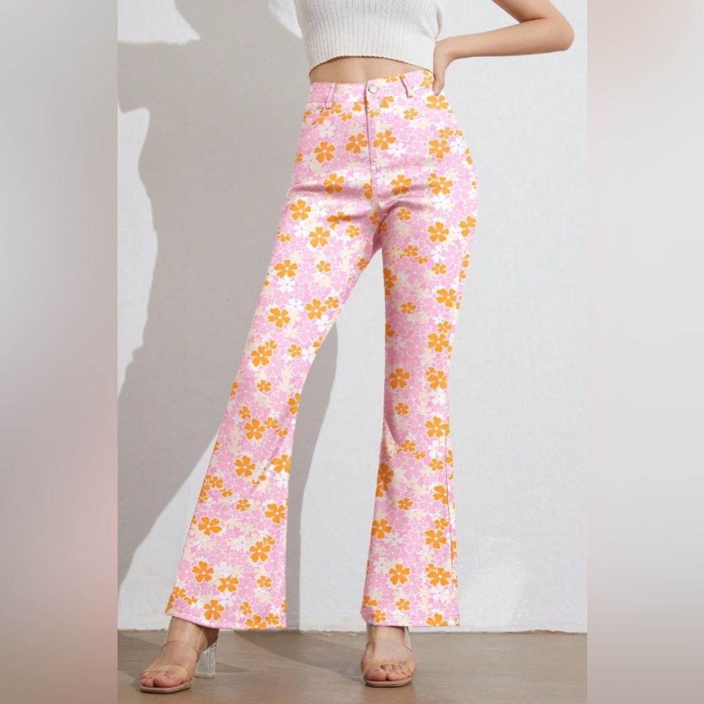 Printed High Waist Flare Pants with Pockets